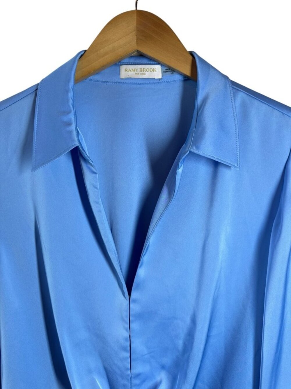 Ramy Brook Blue Satin Twist Front Mini Dress Bell Sleeve Shirt Dress Size L - Picture 3 of 8